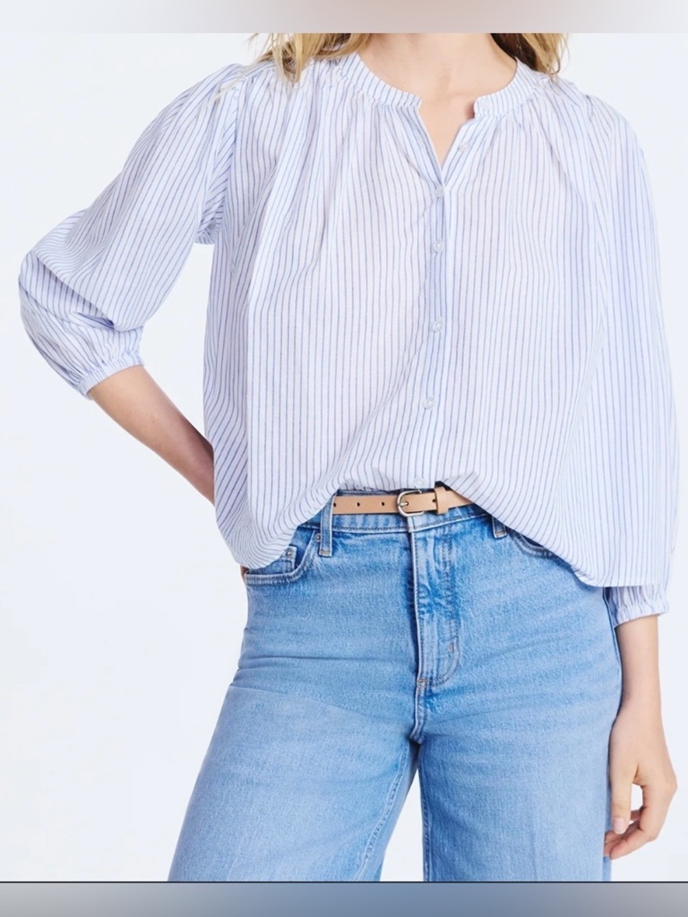 Light Blue Stripe Button-Front Women's Blouse